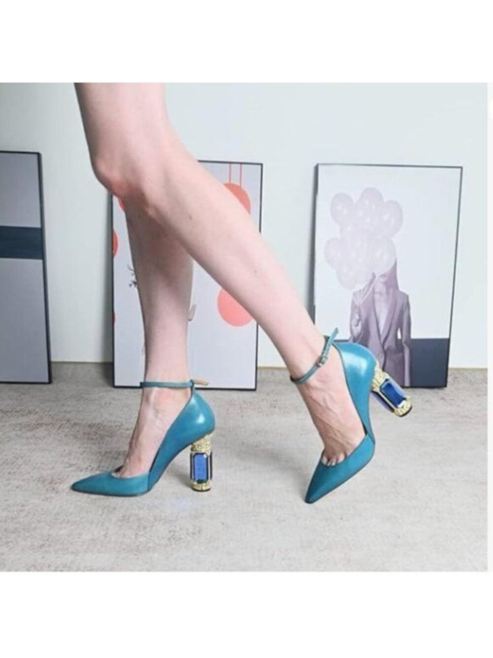 FSJ Blue Block High Heels Pointed Toe Rhinestone Pumps Ankle Strap Dress Shoes